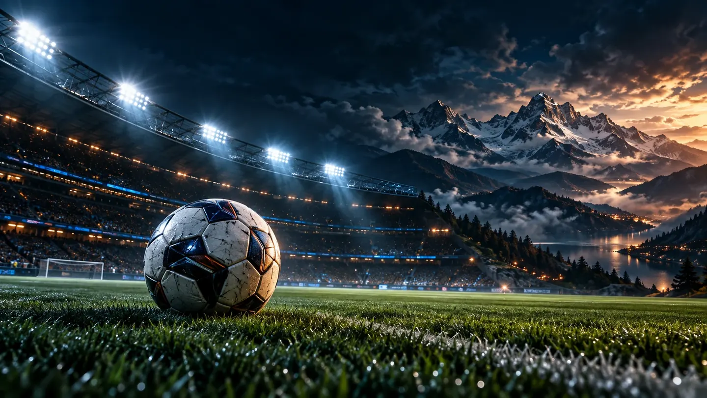 Bola de futebol em estádio iluminado